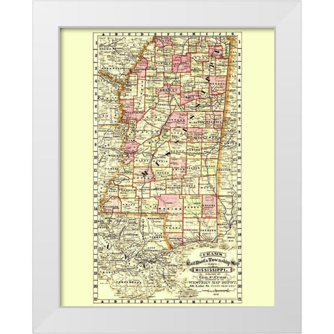 Mississippi Railroad and Townships - Cram 1878 White Modern Wood Framed Art Print by Cram
