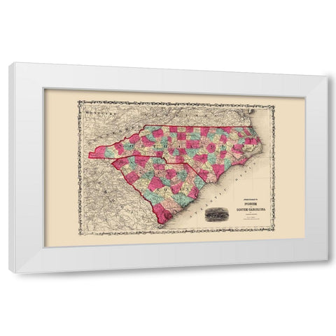 North Carolina, South Carolina - Johnson 1860 White Modern Wood Framed Art Print by Johnson