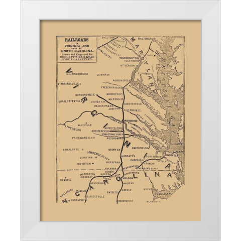 Virginia North Carolina Railroads - Doggett 1848  White Modern Wood Framed Art Print by Doggett