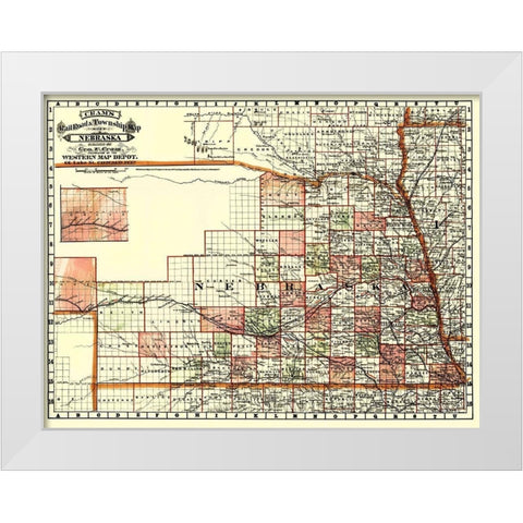 Nebraska - Cram 1879 White Modern Wood Framed Art Print by Cram