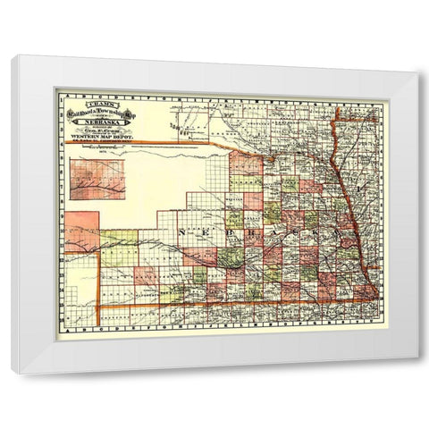Nebraska Railroads and Townships - Cram 1879 White Modern Wood Framed Art Print by Cram