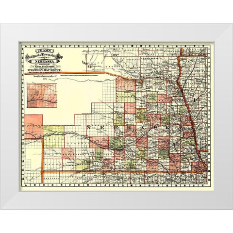 Nebraska Railroads and Townships - Cram 1879 White Modern Wood Framed Art Print by Cram
