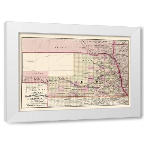 Nebraska Railroad and Townships - Cram 1875 White Modern Wood Framed Art Print by Cram