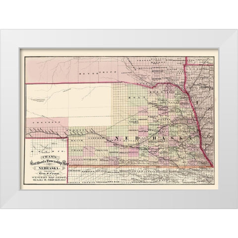 Nebraska Railroad and Townships - Cram 1875 White Modern Wood Framed Art Print by Cram