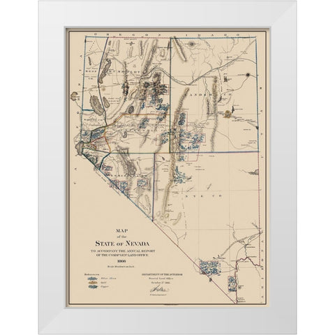 Gold Silver Copper Mines Nevada - USGS 1866 White Modern Wood Framed Art Print by USGS