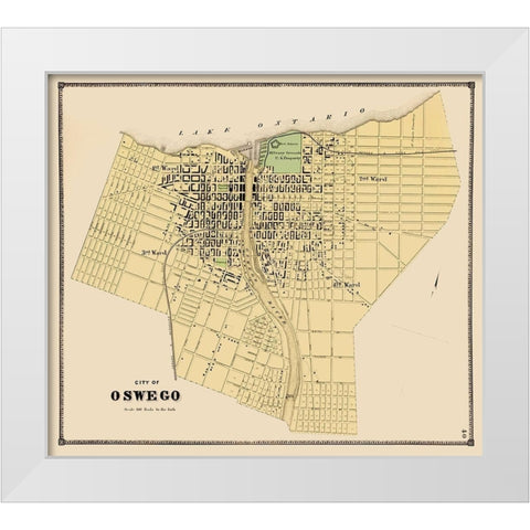 Oswego New York Plat - Stone 1866 White Modern Wood Framed Art Print by Stone