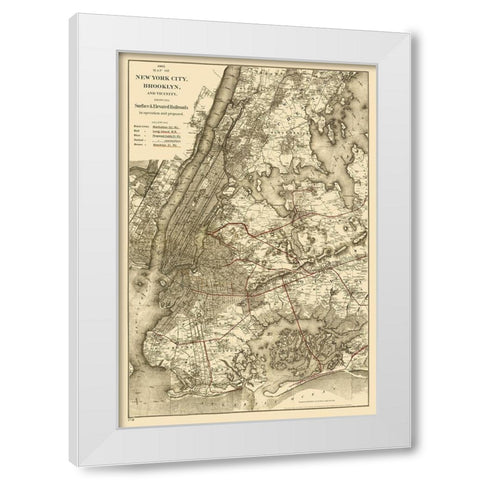 New York City, Brooklyn Elevated Railroad 1885 White Modern Wood Framed Art Print by Colton