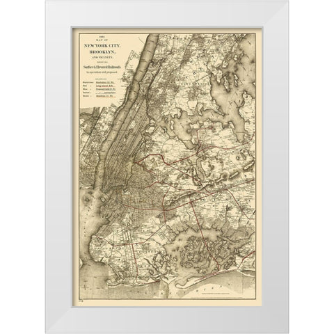 New York City, Brooklyn Elevated Railroad 1885 White Modern Wood Framed Art Print by Colton