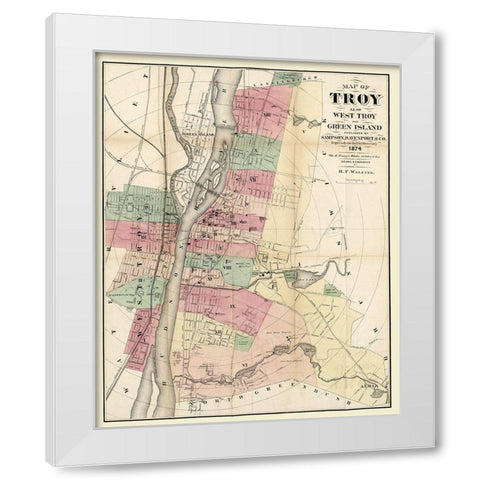 Troy New York - Walling 1874  White Modern Wood Framed Art Print by Walling
