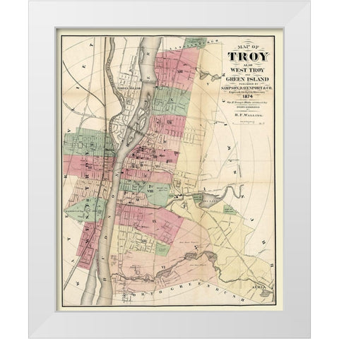 Troy New York - Walling 1874  White Modern Wood Framed Art Print by Walling
