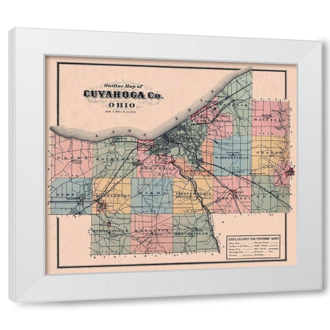 Cuyahoga Ohio Outline - 1876 White Modern Wood Framed Art Print by Unknown