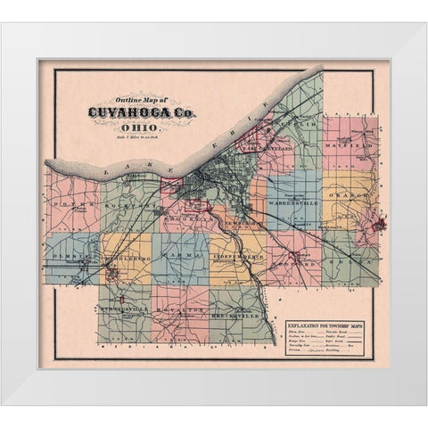 Cuyahoga Ohio Outline - 1876 White Modern Wood Framed Art Print by Unknown