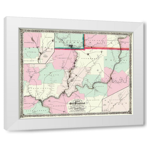 Oil District In Pennsylvania with Landowners 1865 White Modern Wood Framed Art Print by Colton