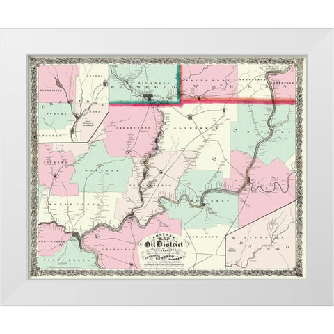 Oil District In Pennsylvania with Landowners 1865 White Modern Wood Framed Art Print by Colton