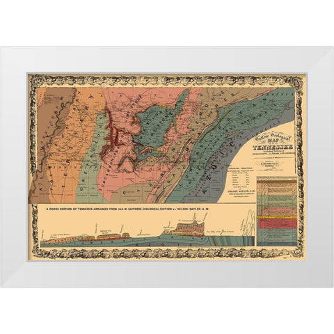 Tennessee Outline Geographical - Mendenhall 1866 White Modern Wood Framed Art Print by Mendenhall