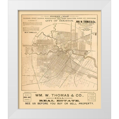 Houston Texas - Thomas 1890  White Modern Wood Framed Art Print by Thomas