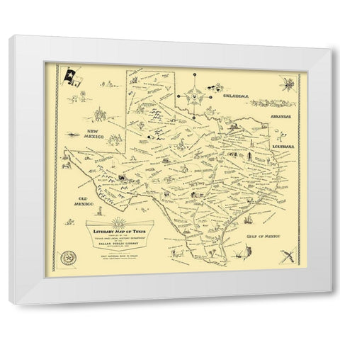 Texas Literary Map - National Bank of Dallas 1955 White Modern Wood Framed Art Print by National Bank of Dallas