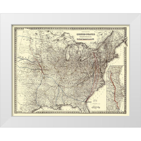 Fort Scott, topeka and Lincoln Railroad 1883 White Modern Wood Framed Art Print by Colton