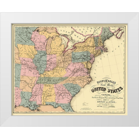 US East Railroad, Telegraph, Stage Coach 1850 White Modern Wood Framed Art Print by Disturnell