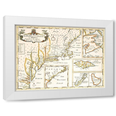 Plantations of the English in America 1700 White Modern Wood Framed Art Print by Unknown