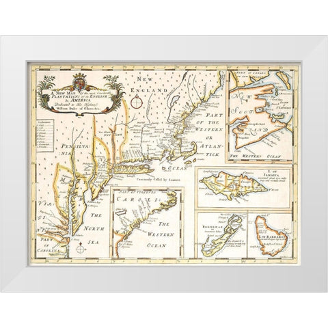 Plantations of the English in America 1700 White Modern Wood Framed Art Print by Unknown