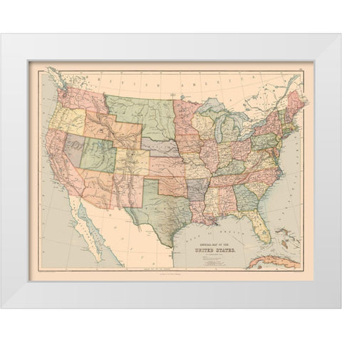 General Map of US - Black 1867 White Modern Wood Framed Art Print by Black