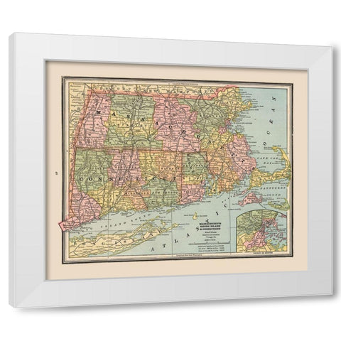 Massachusetts, Rhode Island - Cram 1888 White Modern Wood Framed Art Print by Cram