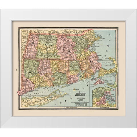 Massachusetts, Rhode Island - Cram 1888 White Modern Wood Framed Art Print by Cram
