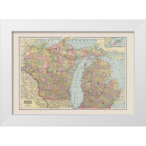 Michigan, Wisconsin - Cram 1892 White Modern Wood Framed Art Print by Cram