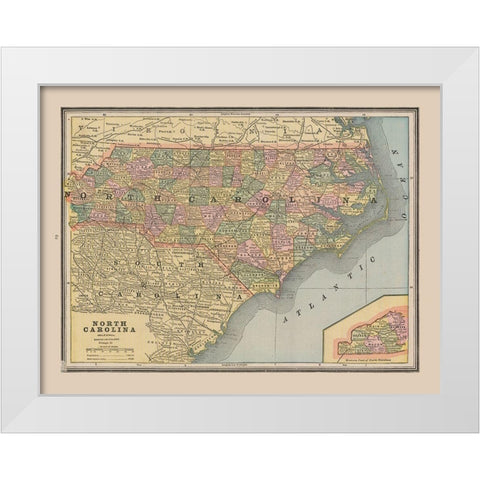North Carolina, United States - Cram 1888 White Modern Wood Framed Art Print by Cram