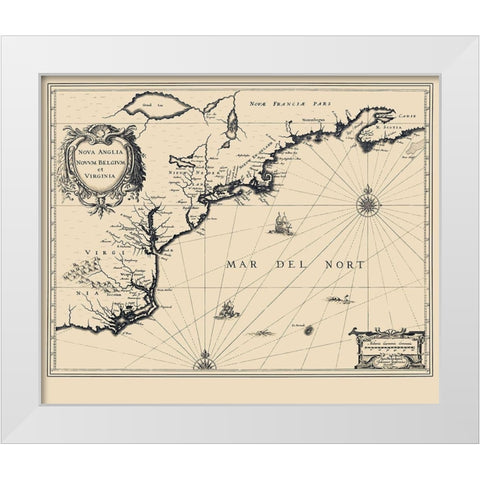 New England to Virginia Dutch Map - Janbonius 1642 White Modern Wood Framed Art Print by Janbonius