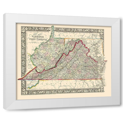 Virginia, West Virginia Counties - Mitchell 1863 White Modern Wood Framed Art Print by Mitchell
