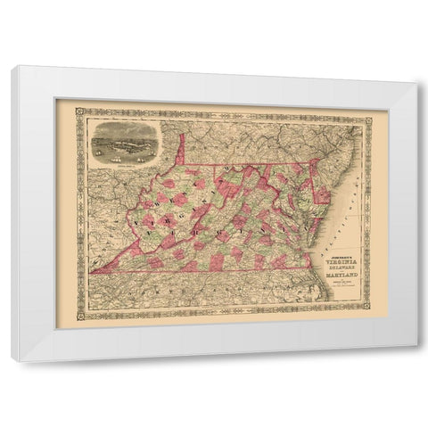 Virginia, Maryland, Delaware - Johnson 1864 White Modern Wood Framed Art Print by Johnson
