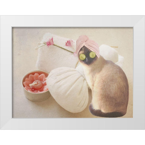 Members Only Cat Spa White Modern Wood Framed Art Print by Phillip, Jamie