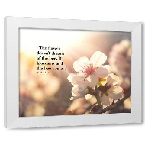 Mark Nepo Quote: Blossoms White Modern Wood Framed Art Print by ArtsyQuotes