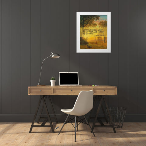 Bible Verse Quote Psalm 119:105, Albert Bierstadt, Light in the Forest White Modern Wood Framed Art Print by ArtsyQuotes