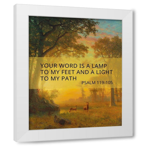 Bible Verse Quote Psalm 119:105, Albert Bierstadt, Light in the Forest White Modern Wood Framed Art Print by ArtsyQuotes