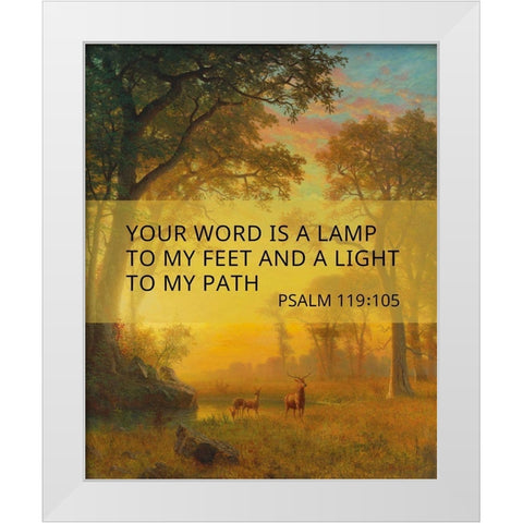 Bible Verse Quote Psalm 119:105, Albert Bierstadt, Light in the Forest White Modern Wood Framed Art Print by ArtsyQuotes