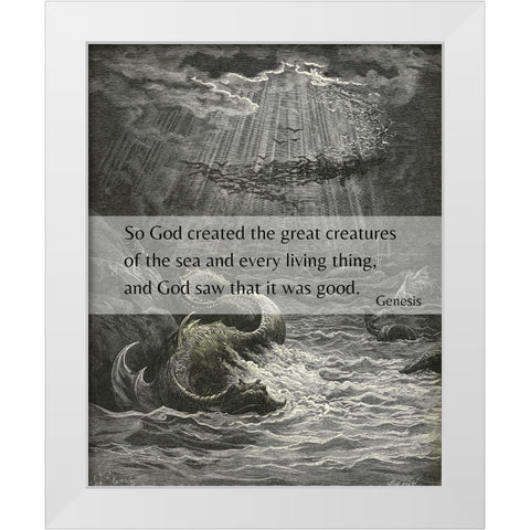 Bible Verse Quote Genesis 1:21, Gustave Dore - Creation of the Fish and Birds White Modern Wood Framed Art Print by ArtsyQuotes