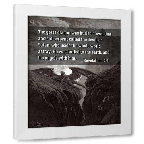 Bible Verse Quote Revelation 12:9, Gustave Dore - Satan Resting on the Mountain White Modern Wood Framed Art Print by ArtsyQuotes