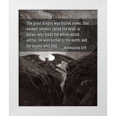 Bible Verse Quote Revelation 12:9, Gustave Dore - Satan Resting on the Mountain White Modern Wood Framed Art Print by ArtsyQuotes