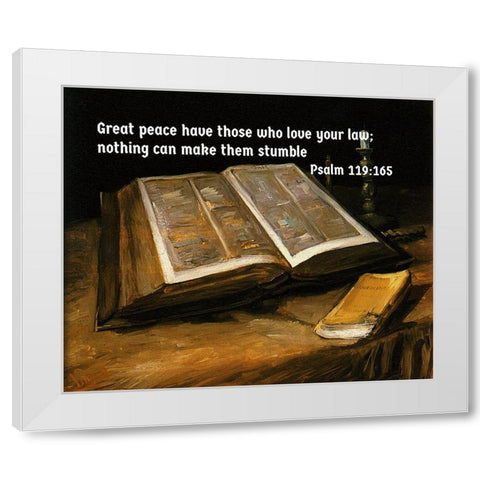 Bible Verse Quote Psalm 119:165, Vincent van Gogh - Still Life with Bible White Modern Wood Framed Art Print by ArtsyQuotes