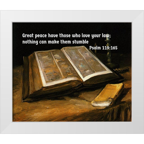 Bible Verse Quote Psalm 119:165, Vincent van Gogh - Still Life with Bible White Modern Wood Framed Art Print by ArtsyQuotes