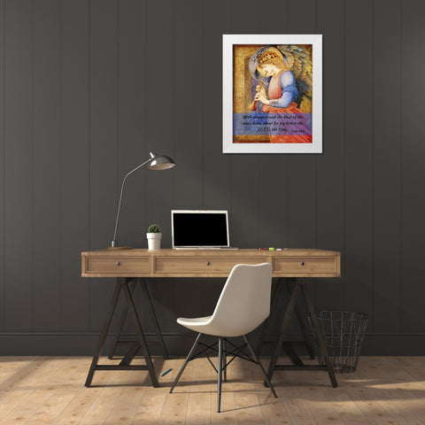 Bible Verse Quote Psalm 98:6, Edward Burne Jones - An Angel Playing a Flageloet 2 White Modern Wood Framed Art Print by ArtsyQuotes