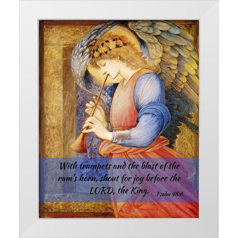 Bible Verse Quote Psalm 98:6, Edward Burne Jones - An Angel Playing a Flageloet 2 White Modern Wood Framed Art Print by ArtsyQuotes