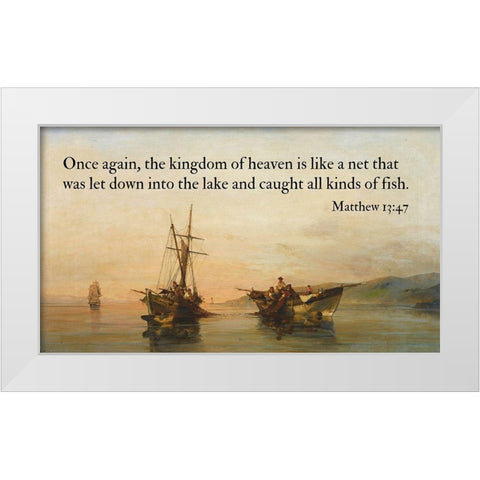 Bible Verse Quote Matthew 13:47, Konstantinos Volanakis - On Calm Waters White Modern Wood Framed Art Print by ArtsyQuotes