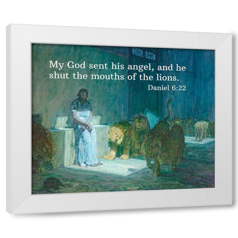 Bible Verse Quote Daniel 6:22, Henry Ossawa Tanner - Daniel in the Lions Den White Modern Wood Framed Art Print by ArtsyQuotes