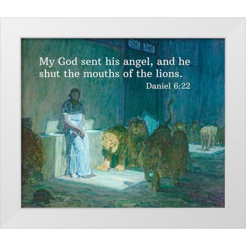 Bible Verse Quote Daniel 6:22, Henry Ossawa Tanner - Daniel in the Lions Den White Modern Wood Framed Art Print by ArtsyQuotes