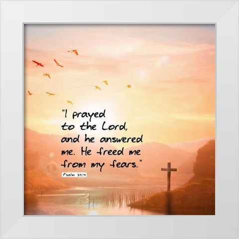 Bible Verse Quote Psalm 34:4 White Modern Wood Framed Art Print by ArtsyQuotes