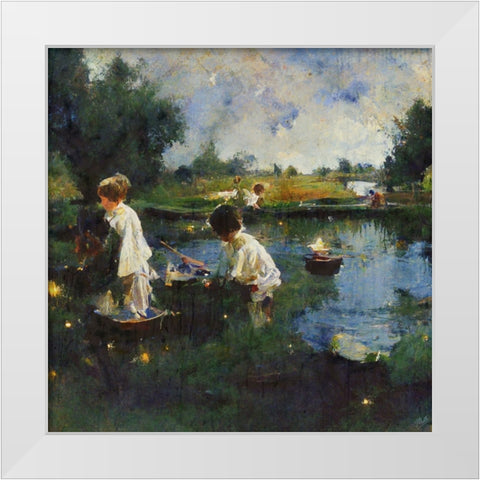 Children Playing With Boats II White Modern Wood Framed Art Print by Wiley, Marta